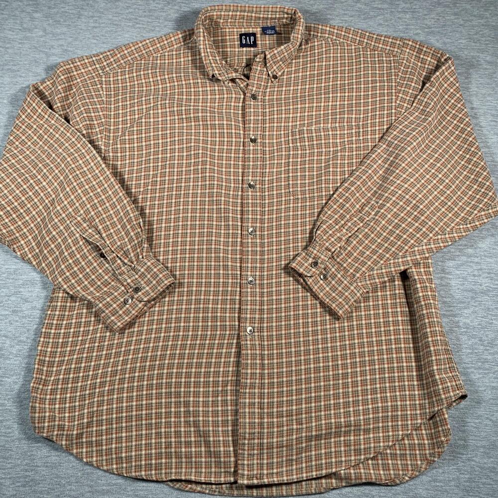 GAP Shirt Mens 2XL Brown Tan Plaid Long Sleeve Button Casual Pocket Collared